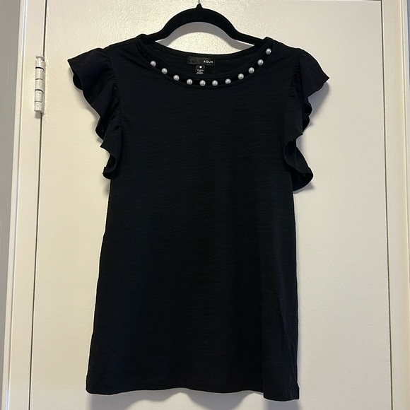 Aqua Tops - Aqua Black Pearl-Trim Flutter Sleeve Top